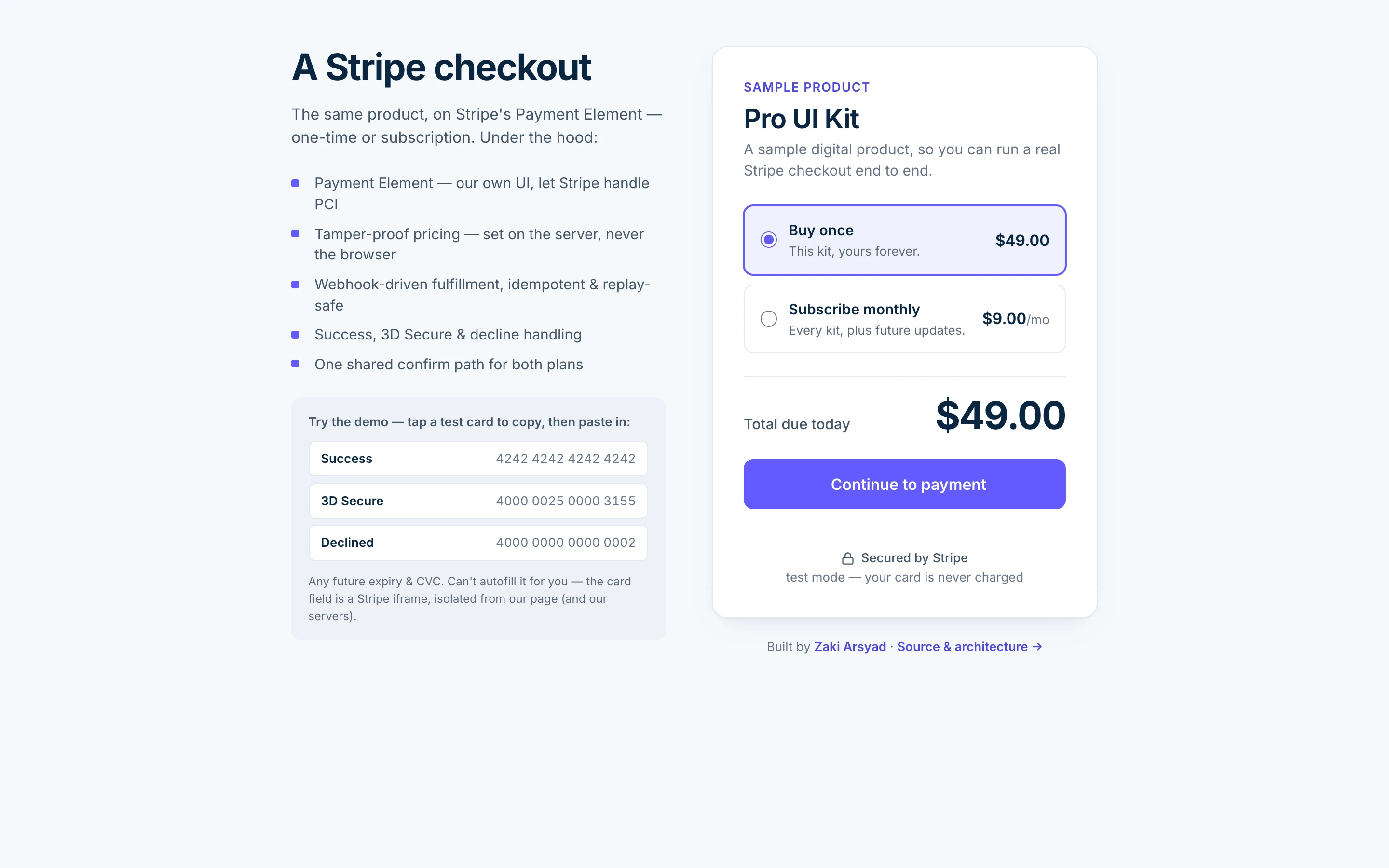 A Stripe Payment Element checkout for a sample Pro UI Kit product, with one-time and subscription pricing.