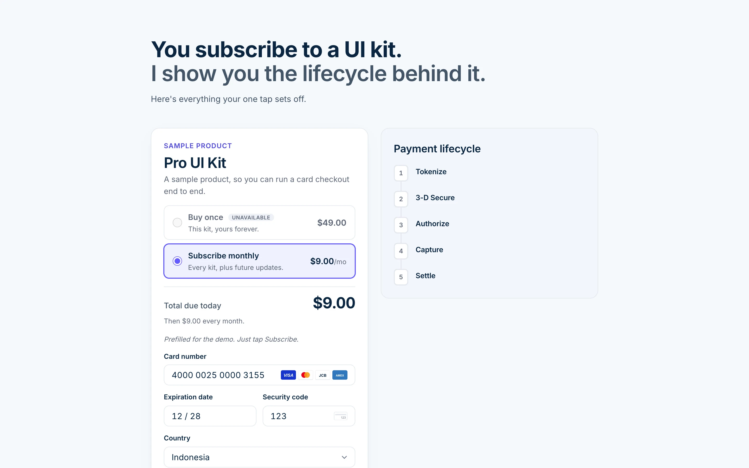 A card payment lifecycle demo showing the tokenize, 3-D Secure, authorize, capture, and settle steps.